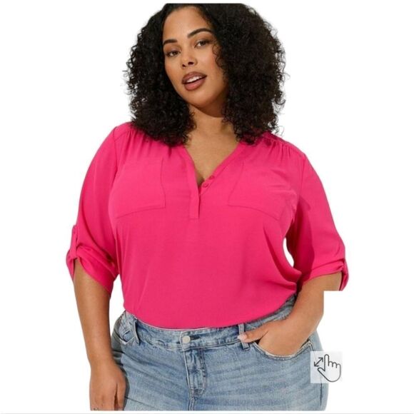 3XTORRID Plus Size Harper Georgette Pink Peacock Pullover 3/4 Sleeve Blouse - Picture 3 of 16
